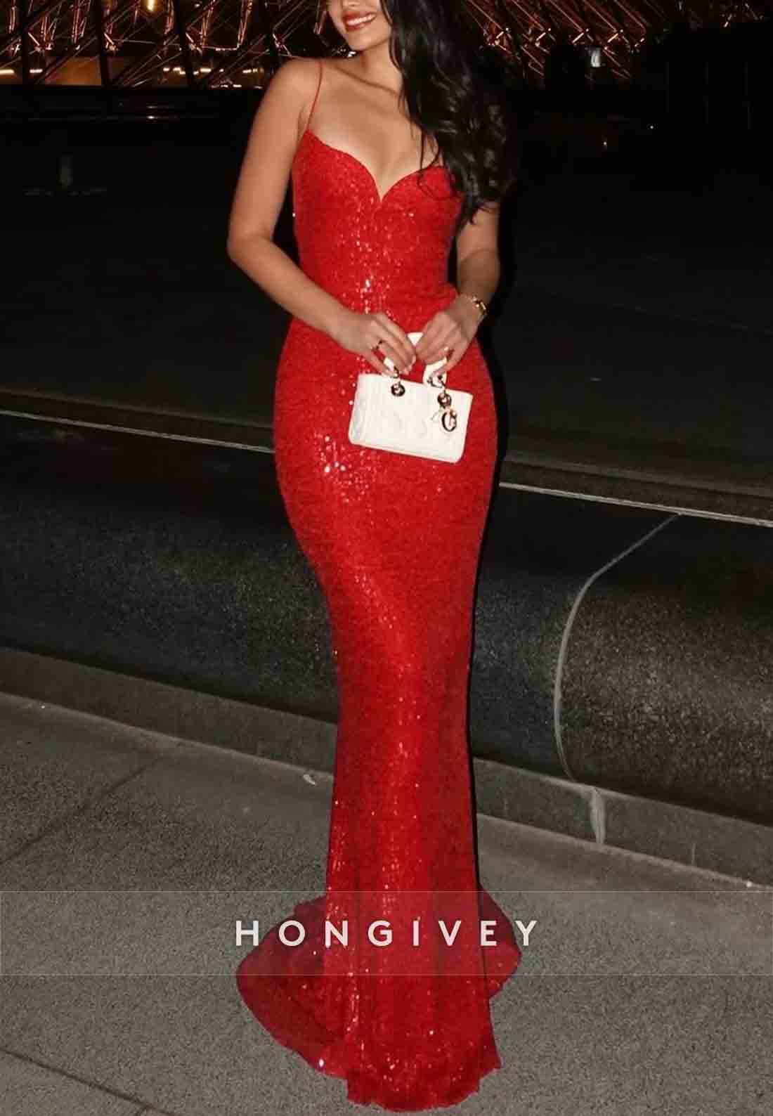 Sparkly Spaghetti Straps Sequined Low Back Mermaid Prom Dresses