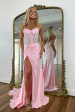 Sparkly Mermaid Strapless Pink Corset Prom Dress with Beading Split Front
