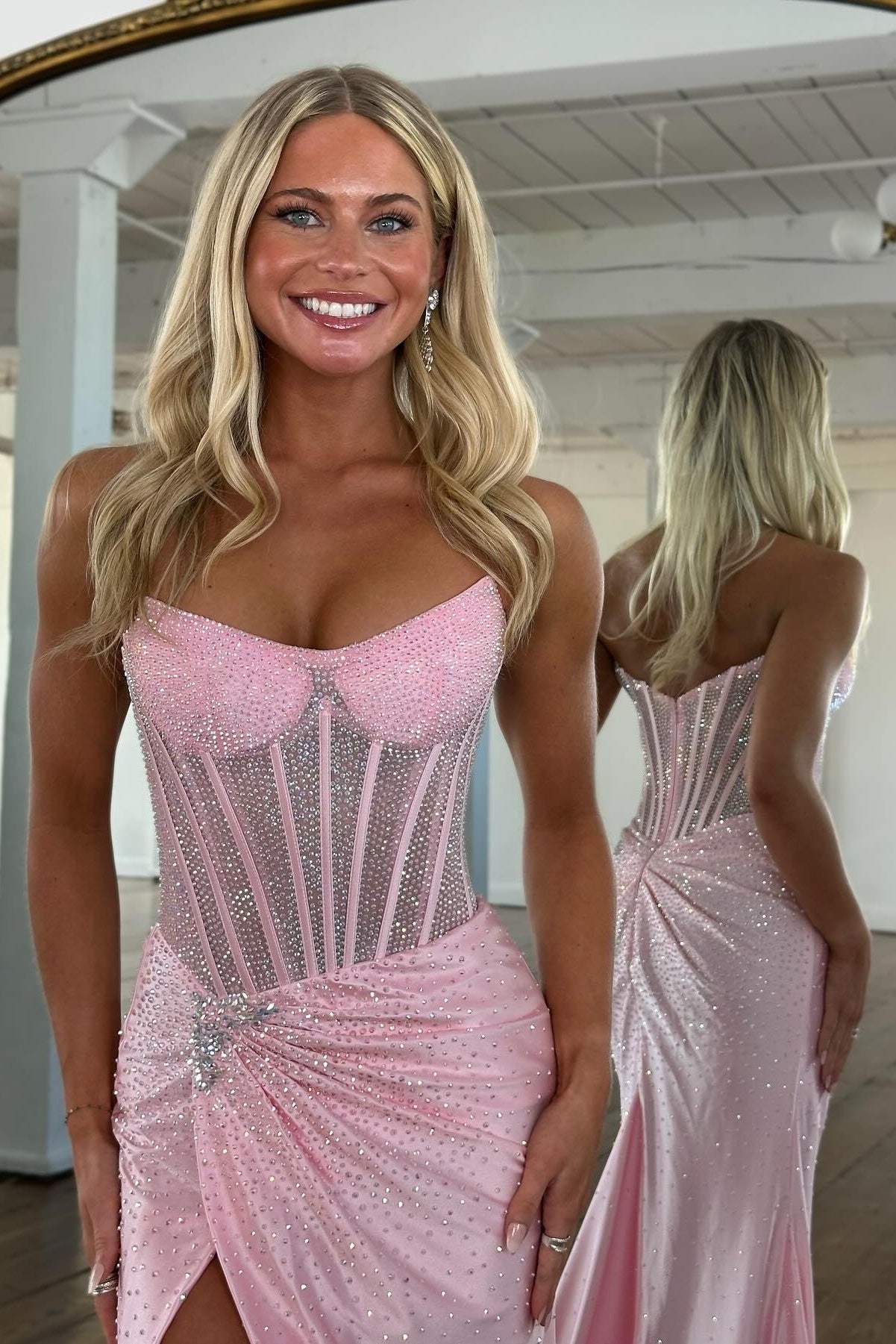 Sparkly Mermaid Strapless Pink Corset Prom Dress with Beading Split Front