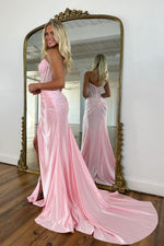 Sparkly Mermaid Strapless Pink Corset Prom Dress with Beading Split Front