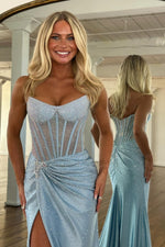 Sparkly Mermaid Strapless Pink Corset Prom Dress with Beading Split Front