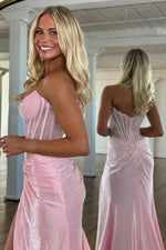 Sparkly Mermaid Strapless Pink Corset Prom Dress with Beading Split Front
