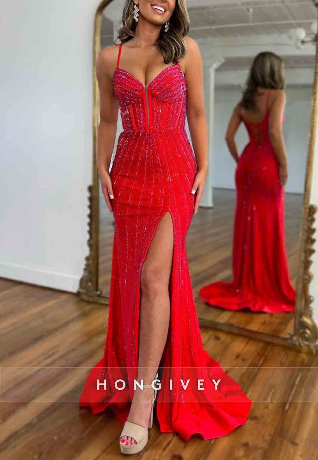 Gorgeous High Slit Spaghetti Straps Mermaid Tie Back Beaded Prom Dress