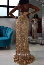 Sparkly Sequin V Neck Spaghtti Straps Side Slit Mermaid Long Prom Dresses