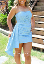 Sparkly Sheath Strapless Blue Short Homecoming Dress with Beading