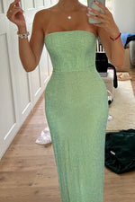 Sparkly Sheath Strapless Green Long Prom Dress with Beading