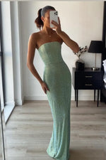 Sparkly Sheath Strapless Green Long Prom Dress with Beading