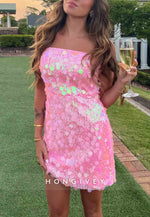 Sparkly Pink Sheath Strapless Sequins Sleeveless Short Homecoming Dress