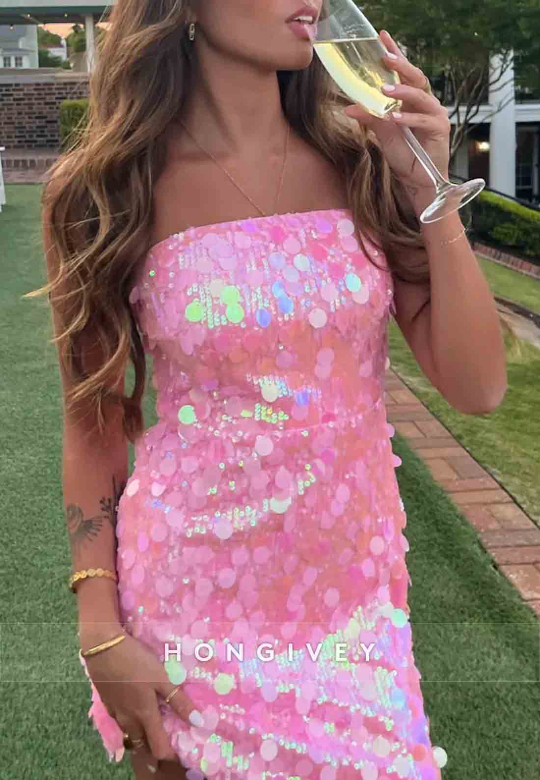 Sparkly Pink Sheath Strapless Sequins Sleeveless Short Homecoming Dress