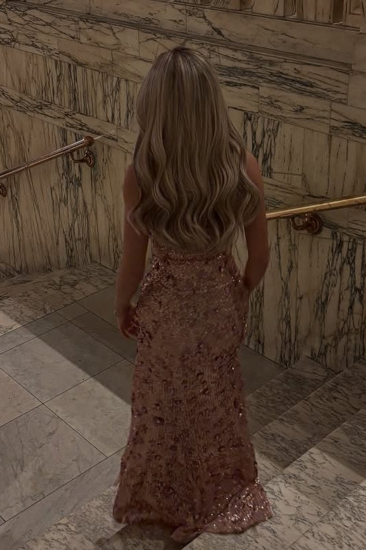 Sparkly Sheath Strapless Rose Pink Sequins Long Prom Dress with Slit