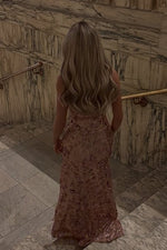 Sparkly Sheath Strapless Rose Pink Sequins Long Prom Dress with Slit