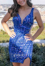 Sparkly Low Back Sheath V Neck Royal Blue Short Homecoming Dress with Sequins