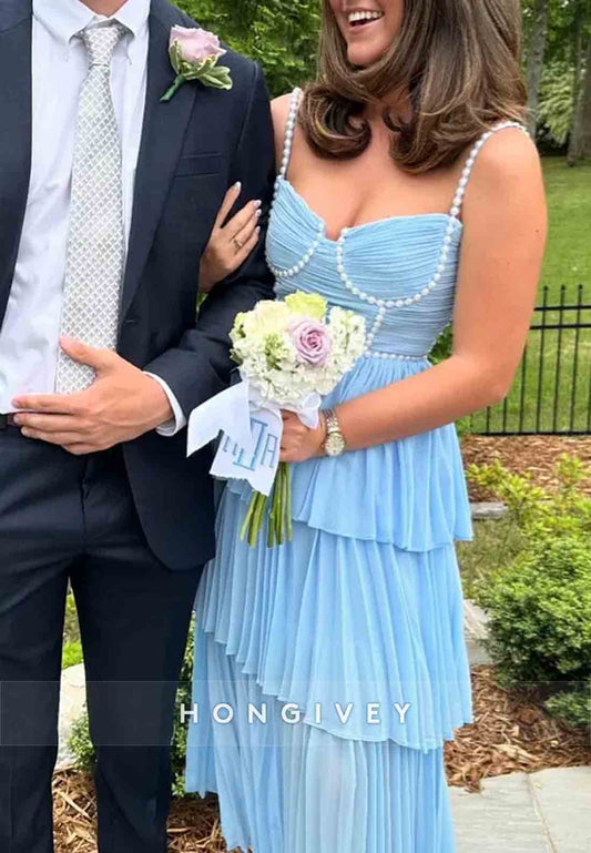 Cute A-Line Blue Prom Dresses Tea Length Party Dress with Ruffles