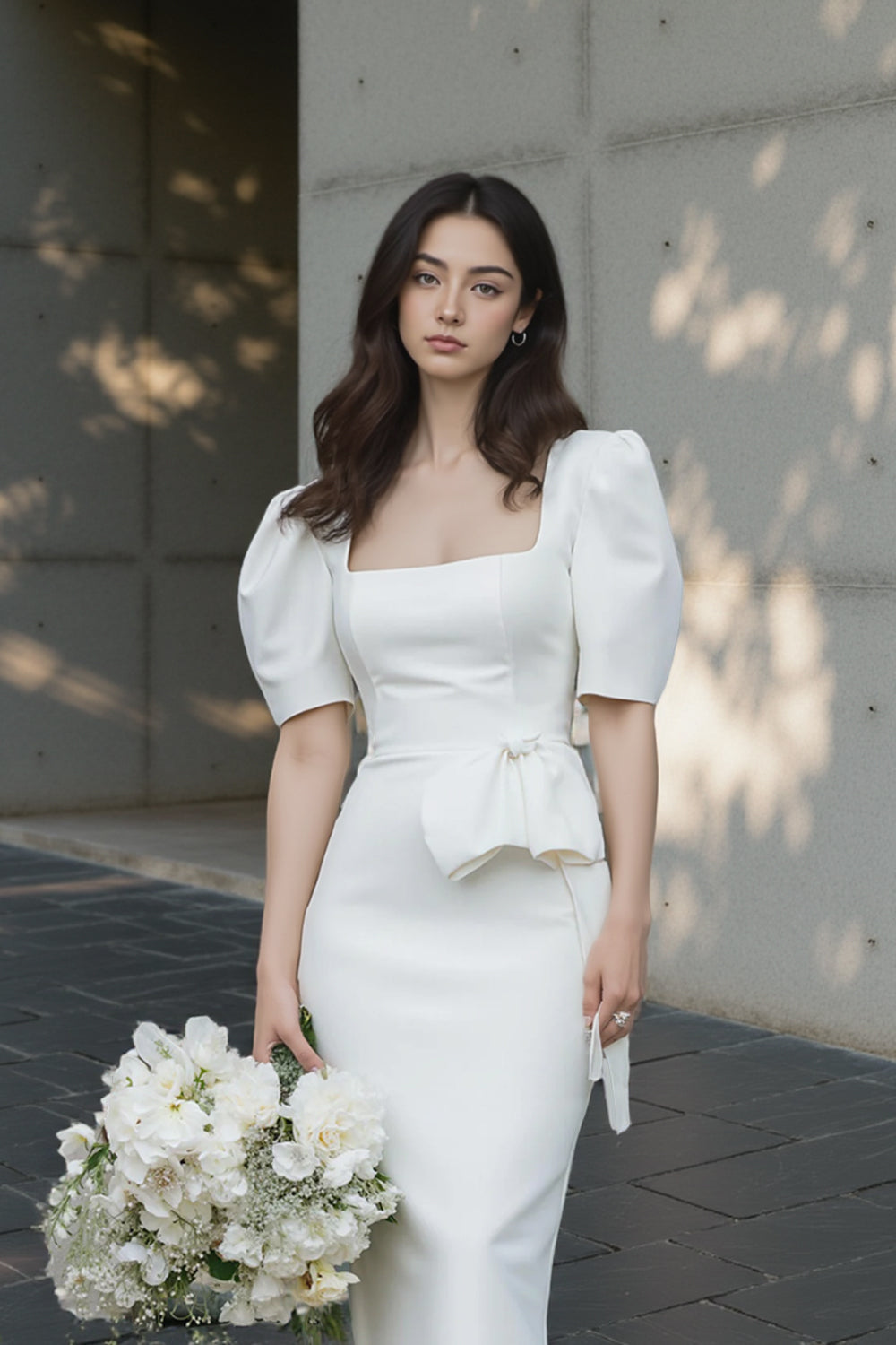 Square Neck Bodycon Engagement Dress Short Wedding Dress with Sleeves