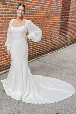 Square Neck Long Sleeves Satin Mermaid Wedding Dress With Court Train