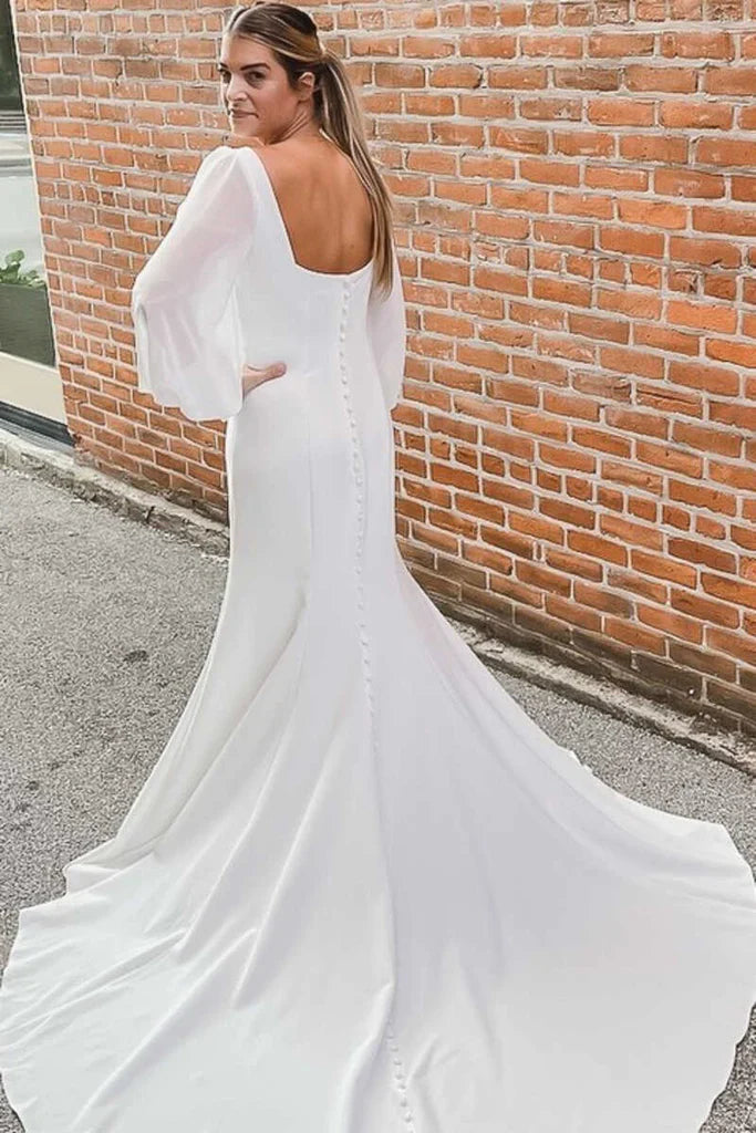 Square Neck Long Sleeves Satin Mermaid Wedding Dress With Court Train