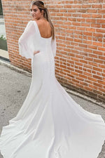 Square Neck Long Sleeves Satin Mermaid Wedding Dress With Court Train