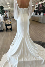 Square Neck Long Sleeves Satin Mermaid Wedding Dress With Court Train