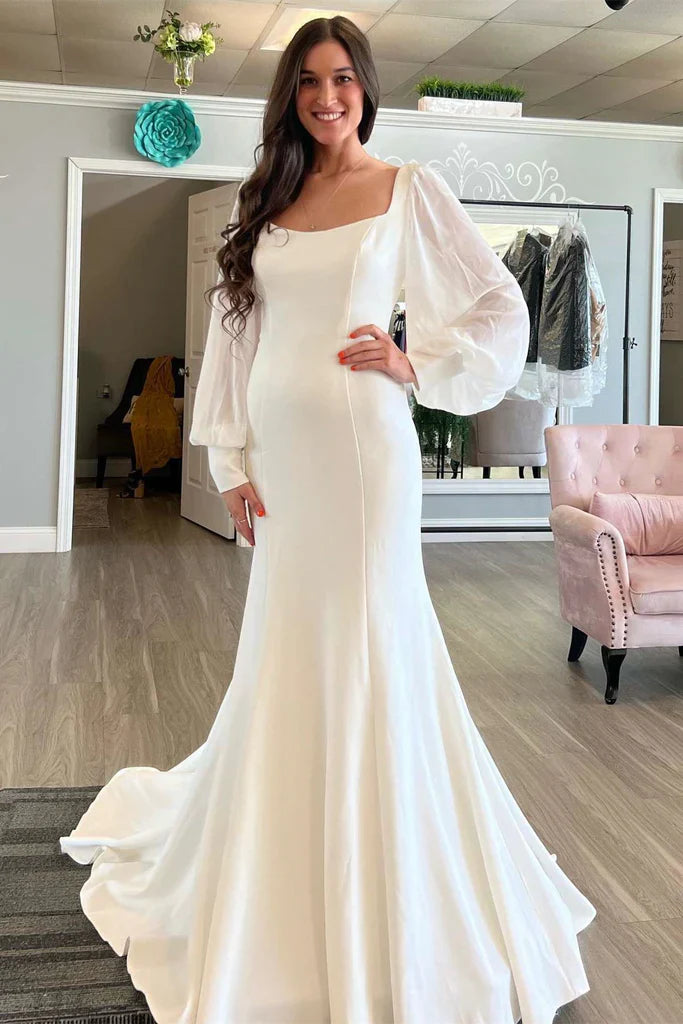Square Neck Long Sleeves Satin Mermaid Wedding Dress With Court Train