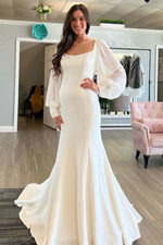 Square Neck Long Sleeves Satin Mermaid Wedding Dress With Court Train
