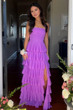 Strapless A Line Chiffon Purple Prom Dress Party Dress With Ruffles
