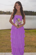 Strapless A Line Chiffon Purple Prom Dress Party Dress With Ruffles