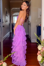 Strapless A Line Chiffon Purple Prom Dress Party Dress With Ruffles