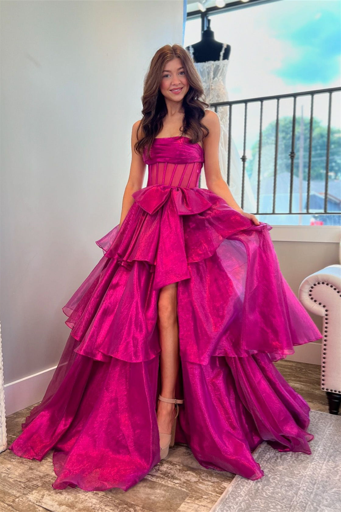Strapless Black Tiered A-line Long Dress with Bow