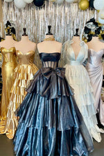 Strapless Black Tiered A-line Long Dress with Bow
