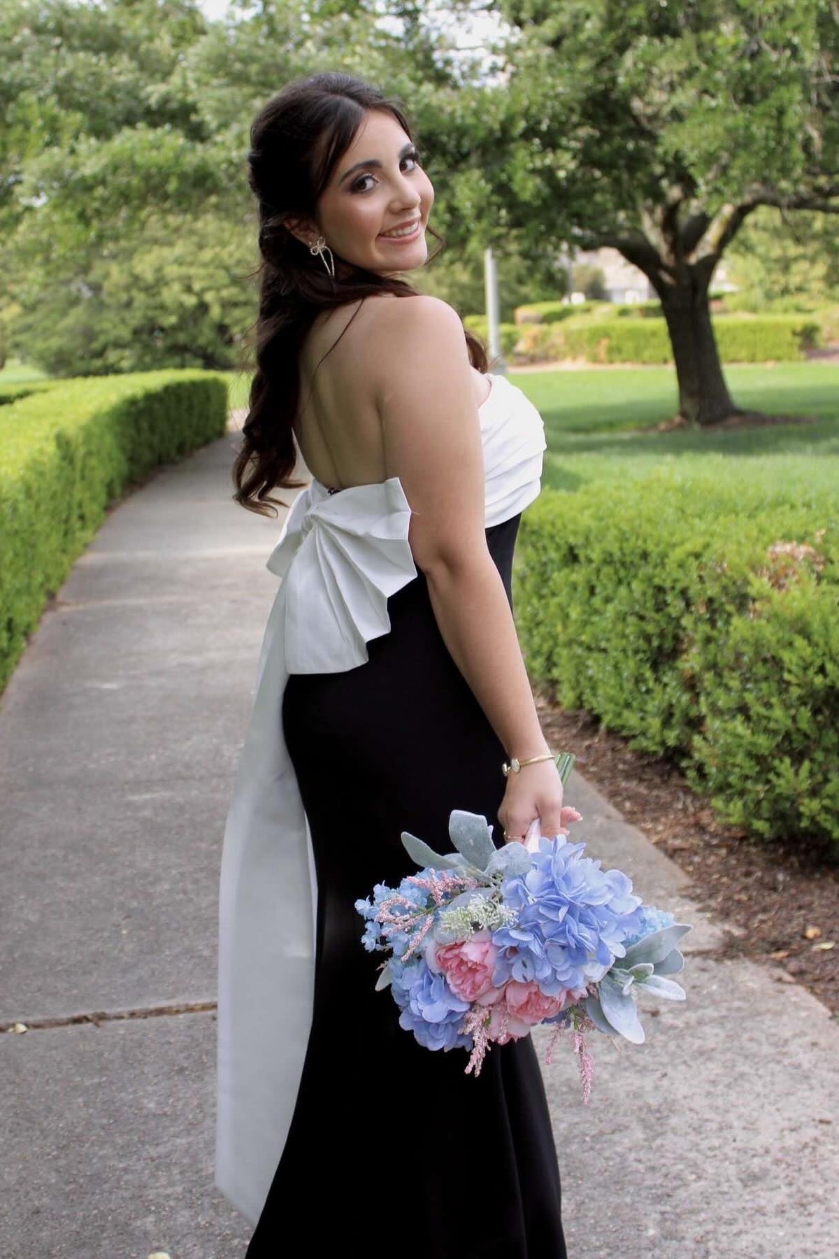 Strapless Black and White Back Bow Long Dress
