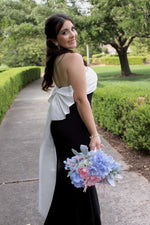 Strapless Black and White Back Bow Long Dress