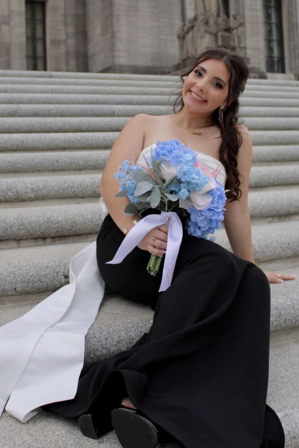 Strapless Black and White Back Bow Long Dress