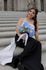 Strapless Black and White Back Bow Long Dress