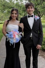 Strapless Black and White Back Bow Long Dress