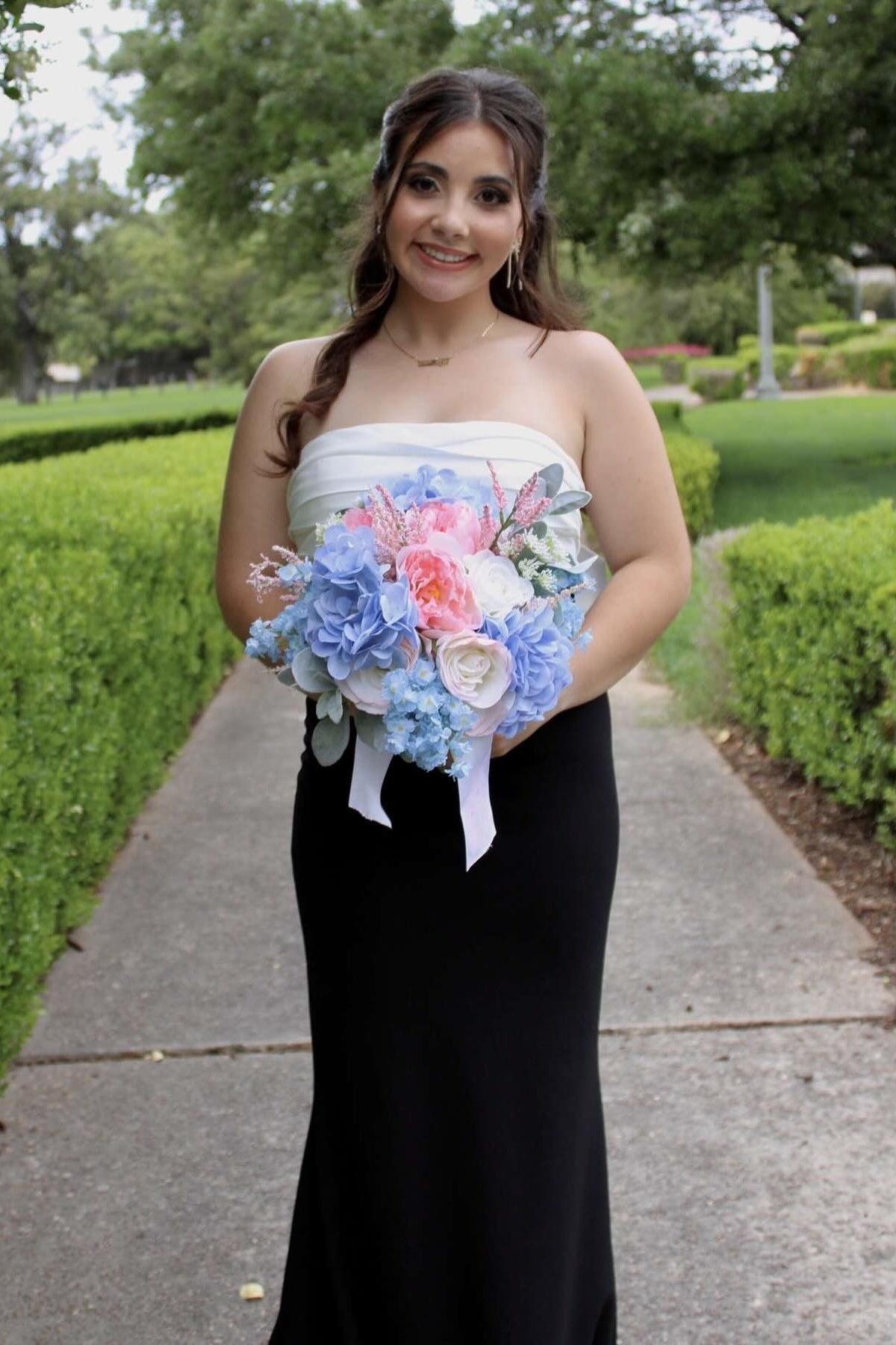 Strapless Black and White Back Bow Long Dress
