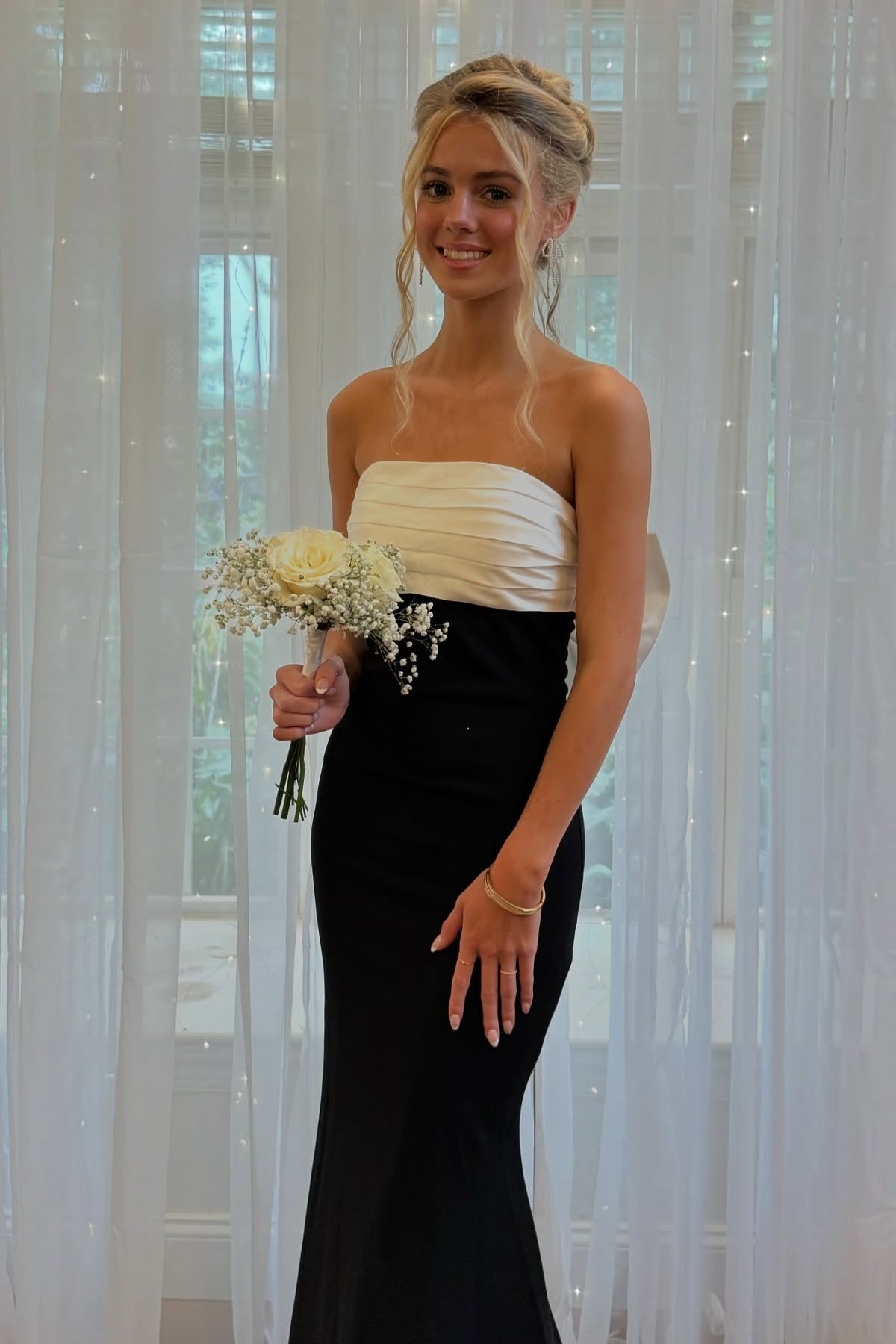 Strapless Black and White Back Bow Long Dress