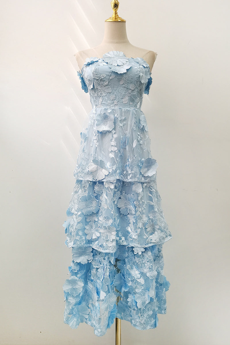 Strapless Blue 3D Floral Tiered Maxi Dress