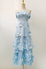 Strapless Blue 3D Floral Tiered Maxi Dress