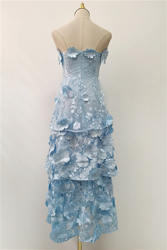 Strapless Blue 3D Floral Tiered Maxi Dress