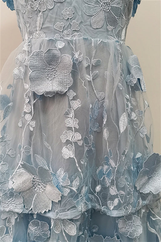 Strapless Blue 3D Floral Tiered Maxi Dress