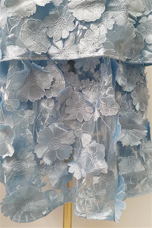 Strapless Blue 3D Floral Tiered Maxi Dress