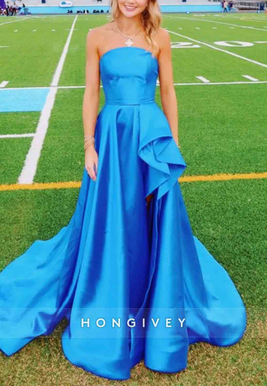 Blue Strapless A-line Satin Court Train Long Prom Dress with High Slit