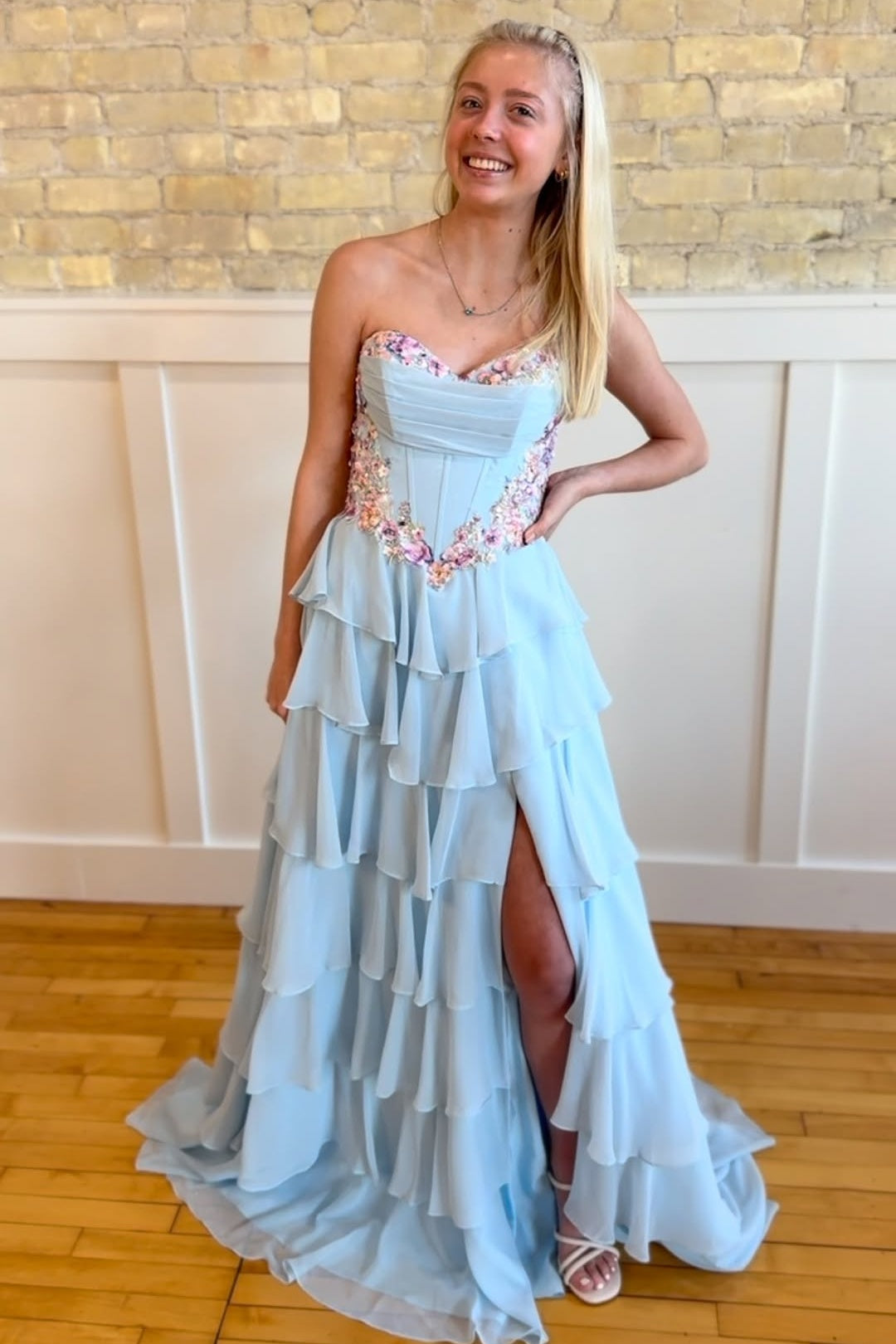 Strapless Blue Floral Sequin Tiered Long Dress