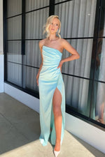 Strapless Blue Pleated Maxi Dress with Slit