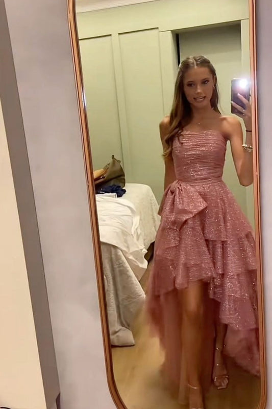 Strapless Blush Pink Ruched Tiered High-low Dress