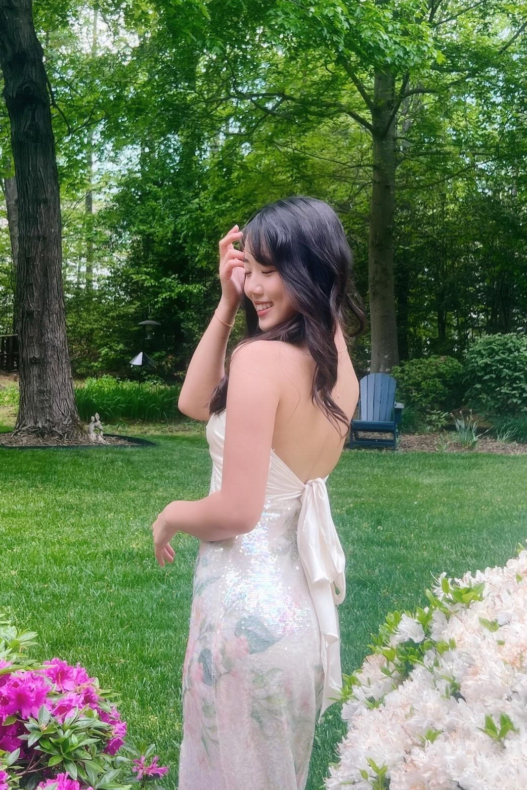 Strapless Ivory Twist Floral Sequin Long Dress with Slit