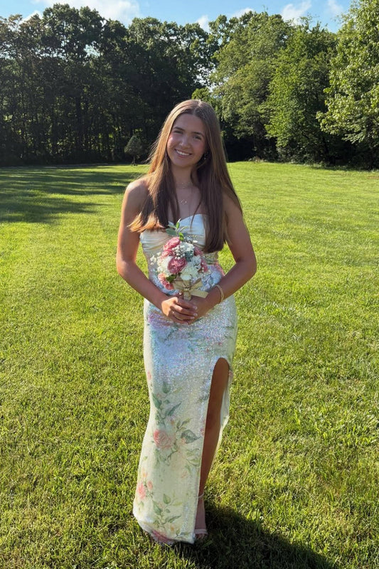 Strapless Ivory Twist Floral Sequin Long Dress with Slit