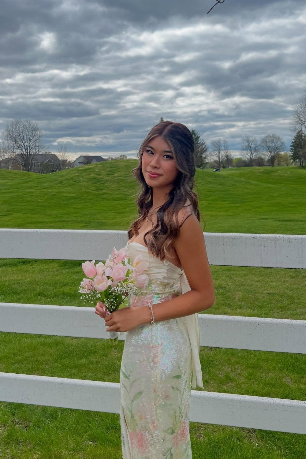 Strapless Ivory Twist Floral Sequin Long Dress with Slit