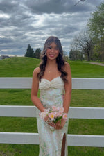 Strapless Ivory Twist Floral Sequin Long Dress with Slit