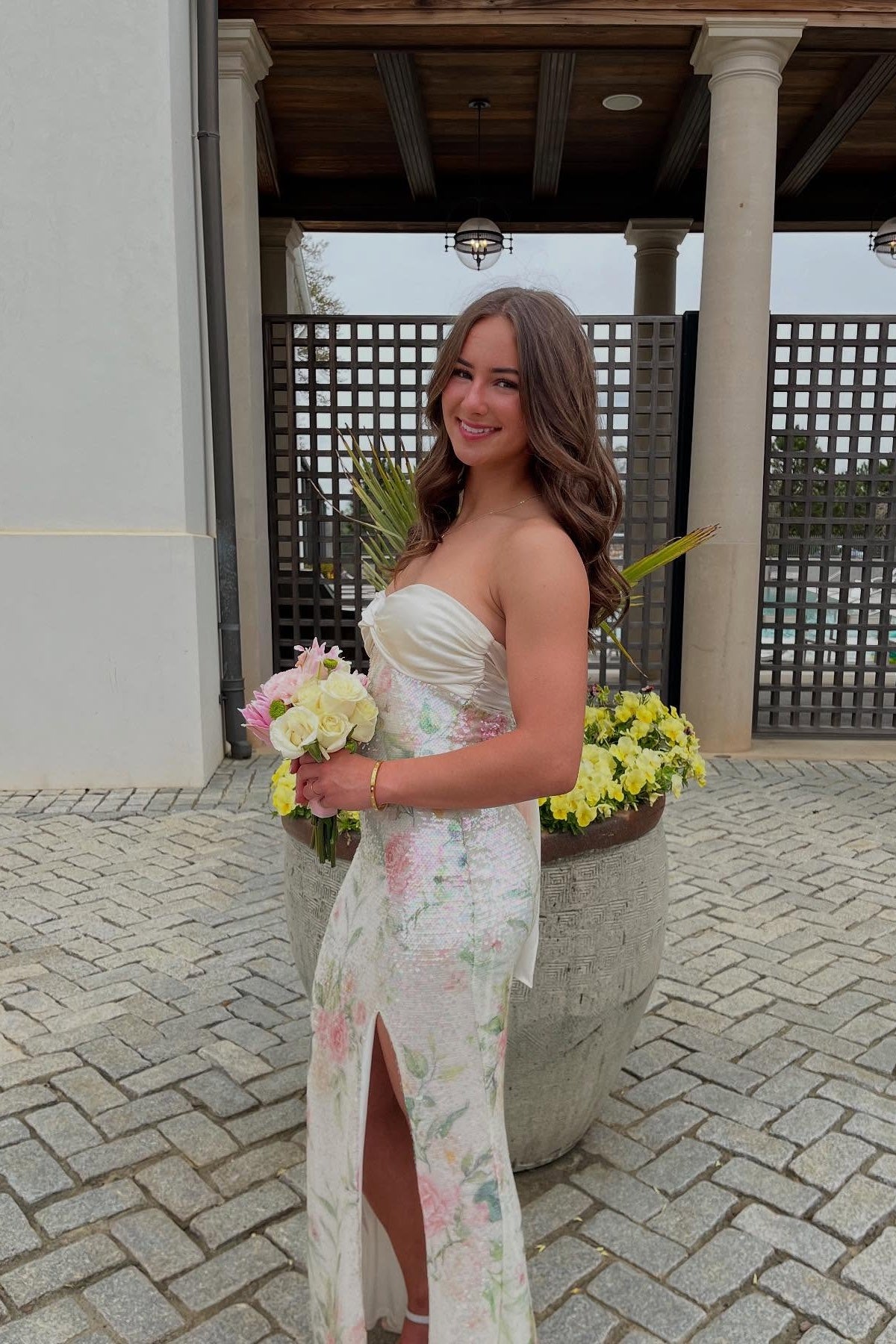 Strapless Ivory Twist Floral Sequin Long Dress with Slit